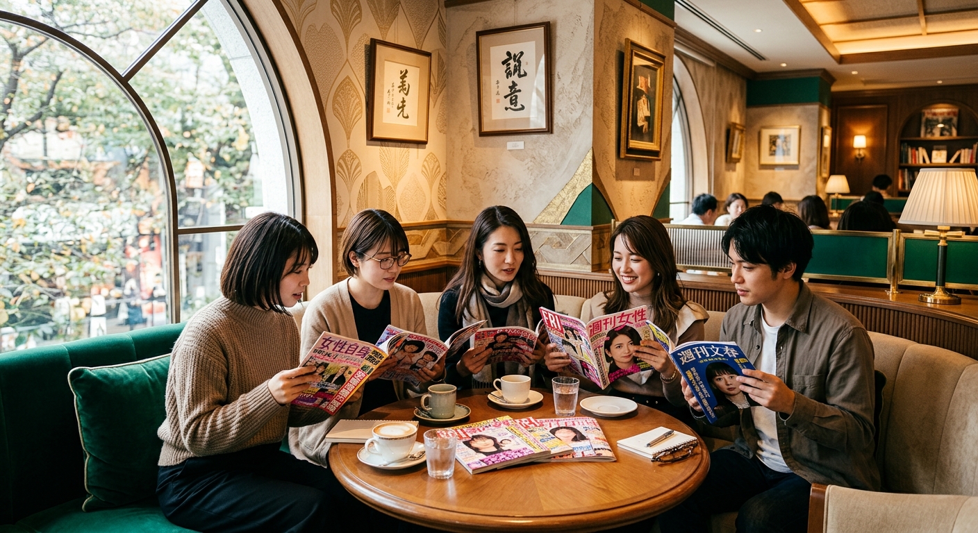 豪華なカフェで日本人グループが雑誌を読む様子。自然光が差し込み、洗練された色調の室内。